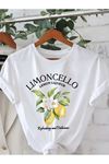 Limon Cello Baskılı Beyaz Pamuklu T-Shirt - Oversize Bisiklet Yaka Tişört