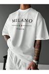 MILANO ITALIA Baskılı Süprem Beyaz T-Shirt - Oversize Bisiklet Yaka Tişört