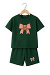 Pembe Bear Ayıcık Kurdela Baskılı Çocuk Takım - Nefti Yeşil Şort T-shirt Takım Baskılı Kız Çocuk Y