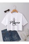 Paris City Of Love Baskılı Kadın Crop Beyaz T-shirt