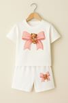 Pembe Bear Ayıcık Kurdela Baskılı Çocuk Takım - Beyaz Şort Beyaz T-shirt Takım Baskılı Kız Çocuk Ya