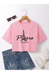 Paris City Of Love Baskılı Kadın Crop Pembe T-shirt