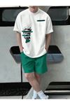 Sculpture Art T-Shirt Şort - Beyaz Nefti Yeşil Şort Tişört Takım Baskılı Oversize Bisiklet Yaka