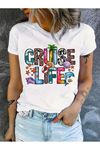 Cruise Life Baskılı Beyaz Pamuklu T-Shirt - Oversize Bisiklet Yaka Tişört