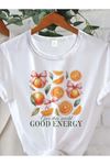 Good Energy Baskılı Beyaz Pamuklu T-Shirt - Oversize Bisiklet Yaka Tişört