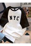 NYC Baskılı Süprem Beyaz Siyah Reglan Kol T-Shirt - Oversize Bisiklet Yaka Tişört