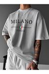 MILANO ITALIA Baskılı Süprem Gri T-Shirt - Oversize Bisiklet Yaka Tişört