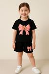 Pembe Bear Ayıcık Kurdela Baskılı Çocuk Takım - Siyah Şort Siyah T-shirt Takım Baskılı Kız Çocuk Ya