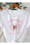 İced Coffee Baskılı Beyaz Pamuklu T-Shirt - Oversize Bisiklet Yaka Tişört