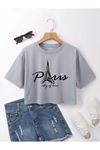 Paris City Of Love Baskılı Kadın Crop Boyama Gri T-shirt