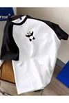 PANDA Minimal Baskılı Süprem Beyaz Siyah Reglan Kol T-Shirt - Oversize Bisiklet Yaka Tişört