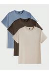 3'lü Basic Süprem T-shirt - Bebe Mavisi Kahverengi Bej Oversize Bisiklet Yaka Tişört