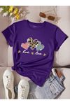 Love Leopar Kalp Baskılı Süprem Mor T-shirt - Oversize Bisiklet Yaka Tişört