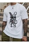 Robotic Rabbit Süprem T-Shirt - Beyaz Baskılı Oversize Bisiklet Yaka Tişört