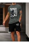 Siyah Şort Füme Tişört Takım Nasa Baskılı Oversize Unisex