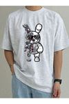 Robotic Rabbit Süprem T-Shirt - Gri Baskılı Oversize Bisiklet Yaka Tişört