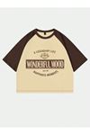 Wonderful Mood Süprem Crop T-Shirt - Bej Kahve Baskılı Oversize Bisiklet Yaka Tişört
