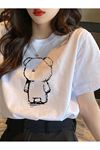 Lonely Bear Süprem T-Shirt - Beyaz Baskılı Oversize Bisiklet Yaka Tişört