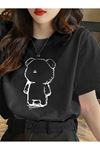 Lonely Bear Süprem T-Shirt - Siyah Baskılı Oversize Bisiklet Yaka Tişört