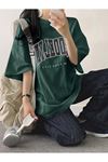 Brooklyn Letter Süprem T-Shirt - Yeşil Baskılı Oversize Bisiklet Yaka Tişört