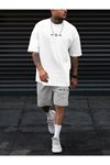 Gri Şort Beyaz Tişört Takım Play Baskılı Oversize Unisex