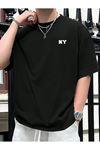 Ny Yazı Süprem T-Shirt - Siyah Baskılı Oversize Bisiklet Yaka Tişört