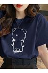 Lonely Bear Süprem T-Shirt - Lacivert Baskılı Oversize Bisiklet Yaka Tişört