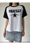 Bravely Believable T-Shirt - Beyaz Siyah Baskılı Oversize Bisiklet Yaka Reglan Kol Tişört