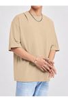 Basic Süprem T-Shirt - Bej Oversize Bisiklet Yaka Tişört