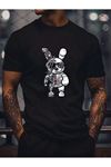 Robotic Rabbit Süprem T-Shirt - Siyah Baskılı Oversize Bisiklet Yaka Tişört