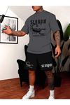 Akrep Siyah Şort Füme Tişört Takım - Baskılı Oversize Bisiklet Yaka