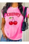 Cherry Happy Baskılı Pembe Tshirt Anne Kız Kombin - Oversize Bisiklet Yaka Tişört