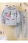 Unikorn Baskılı Pamuk Çocuk Kapüşonlu Takım - Gri Jogger Baskılı Kız Erkek Çocuk