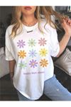 Happy Days Flowers Süprem T-Shirt - Beyaz Baskılı Oversize Bisiklet Yaka Tişört