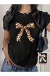 Leopar Kurdela Baskılı T-Shirt Anne Kız Kombin - Siyah Oversize Bisiklet Yaka Tişört
