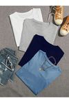Düz Basic 4'lü Çoklu Kombin T-shirt - Beyaz Gri Lacivert Ve Bebe Mavi Oversize Bisiklet Yaka