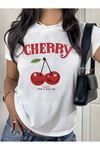 Cherry Happy Baskılı Beyaz Tshirt Anne Kız Kombin - Oversize Bisiklet Yaka Tişört