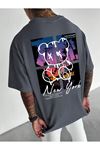 New York Bear Süprem T-Shirt - Füme Baskılı Oversize Bisiklet Yaka Tişört