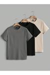 3 Lü Basic T-Shirt Siyah Füme Bej Oversize Unisex