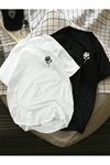 Minimal Gül Baskılı Tshirt 2 Li Siyah Beyaz - Oversize Bisiklet yaka Tişört