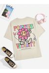 Positive Flower Süprem T-Shirt - Bej Baskılı Oversize Bisiklet Yaka Tişört