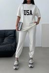 Usa T-shirt Eşofman Altı Jogger-Beyaz Baskılı Alt Üst Eşofman Takım Oversize Bisiklet Yaka