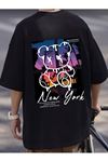 New York Bear Süprem T-Shirt - Siyah Baskılı Oversize Bisiklet Yaka Tişört