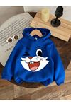 Tavşan Baskılı Pamuklu Çocuk Sweatshirt - Sax Mavi Baskılı Kız Erkek Çocuk Kışlık Kapüşonlu