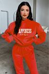 Happiness Eşofman Takımı Sweatshirt Jogger - Kırmızı Baskılı Oversize Şardonlu Kapüşonlu