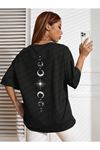 Moon Start T-Shirt - Siyah Baskılı Oversize Bisiklet Yaka Kısa Kol