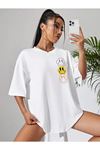 Emoji T-Shirt - Beyaz Baskılı Oversize Bisiklet Yaka Kısa Kol