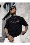 Los Angeles Downtown Süprem T-Shirt - Siyah Baskılı Oversize Bisiklet Yaka Kısa Kol Tişört