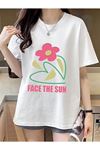 Face The Sun T-shirt - Beyaz Baskılı Oversize Bisiklet Yaka Kısa Kol Tişört