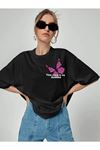 Kelebek Story B T-shirt - Siyah Baskılı Oversize Bisiklet Yaka Kısa Kol Tişört